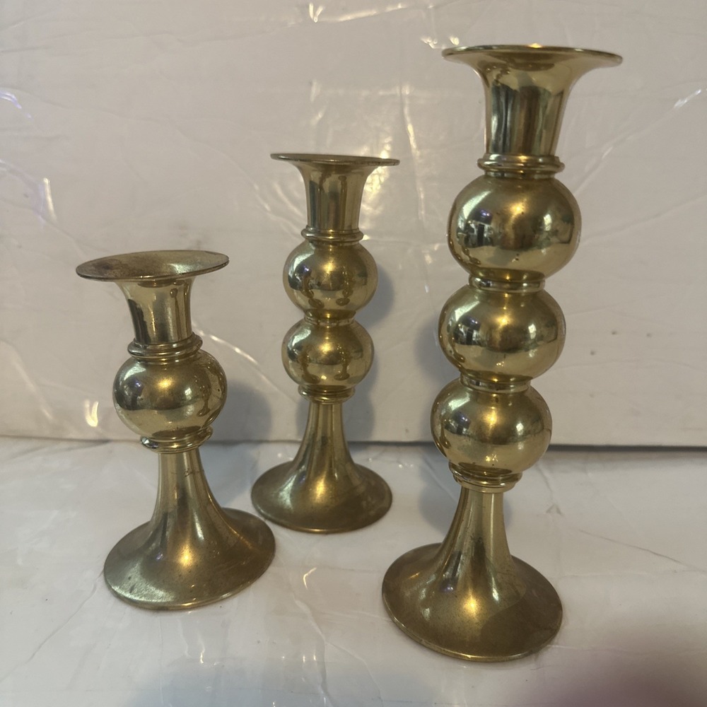 Vintage Solid Brass Bubble Ball Candle Stick Holders Set Of 3 Tele flora
